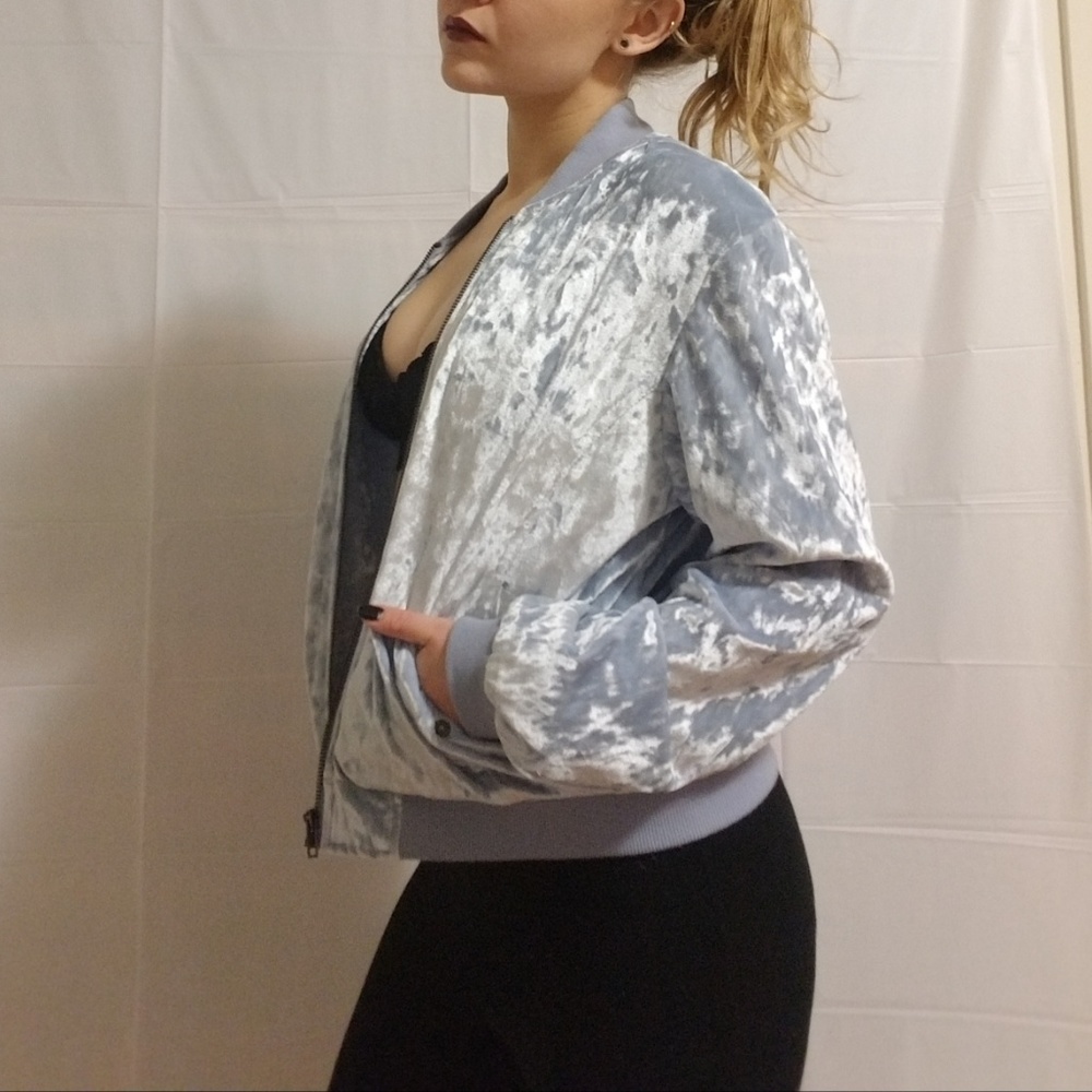 Cloud Chaser Light Blue Velvet Bomber Jacket